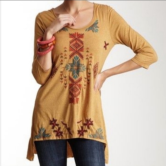 Johnny Was Mustard Western Aztec Tribal 3/4 Sleeve Embroidered Tunic Top szM - Picture 1 of 9